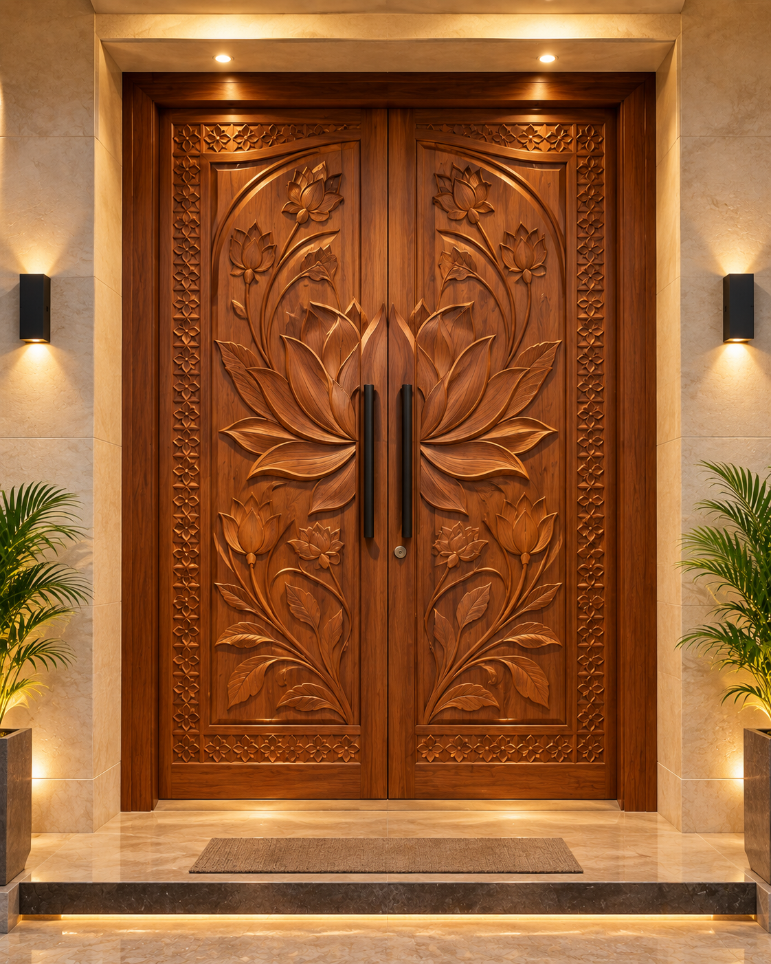 Grand wooden main door with a deeply carved lotus design